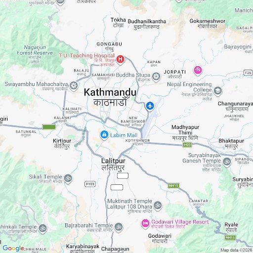 Map of Kathmandu showing the general area of SCCWS Nepal's head office in Minbhawan